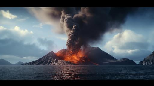 a cinematic movie still of a active vulcano, active volcano, beach, black rock, black smoke, cloudy sky, lava, ocean, volcano, explosion, cloud of smoke, thick smoke, fire, flying rocks. Create an image that captures the raw intensity and physicality of a danger. , mountaintop setting. Utilize lighting techniques to enhance the sense of drama volcano erupting. Capture the movement and faling debris.The composition should convey the chaotic nature of a physical jumping, immersing the viewer in the intensity and physical confrontation. meticulous military, in the style of Neill Blomkamp, exotic, humid, volcano erupting, atmosphere, --ar 16:9