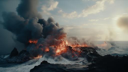 a cinematic movie still of a active vulcano, close up shot, , black rock, black smoke, cloudy sky, lava, ocean, volcano, explosion, cloud of smoke, thick smoke, fire, flying rocks on camera. Create an image that captures the raw intensity and physicality of a danger. , mountaintop setting. Utilize lighting techniques to enhance the sense of drama volcano erupting. Capture the movement and faling debris.The composition should convey the chaotic nature of a physical falling rocks into camera, immersing the viewer in the intensity and physical confrontation. meticulous military, in the style of Neill Blomkamp, exotic, humid, volcano erupting, atmosphere, --ar 16:9