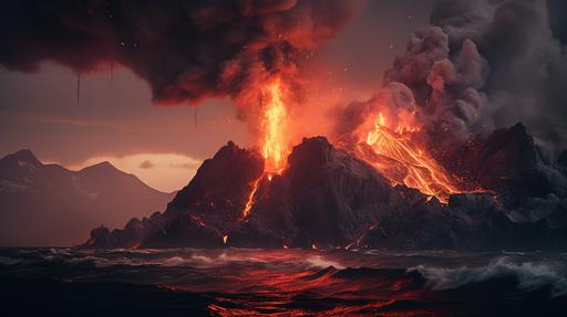 a cinematic movie still of a active vulcano, close up shot, , black rock, black smoke, cloudy sky, lava, ocean, volcano, explosion, cloud of smoke, thick smoke, fire, flying rocks on camera. Create an image that captures the raw intensity and physicality of a danger. , mountaintop setting. Utilize lighting techniques to enhance the sense of drama volcano erupting. Capture the movement and faling debris.The composition should convey the chaotic nature of a physical falling rocks into camera, immersing the viewer in the intensity and physical confrontation. meticulous military, in the style of Neill Blomkamp, exotic, humid, volcano erupting, atmosphere, --ar 16:9