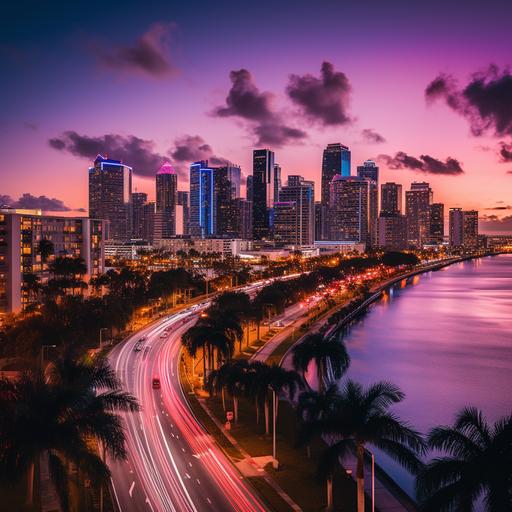 a cinematic photo of the miami skyline, at dusk, cotton candy skies, deep blue, purple, orange, pink, city lights, port of miami, cruise ship, palm trees, highway, cars with lights on, photograph, ultra detailed, cinematic lighting, dense skyline, megalopolis