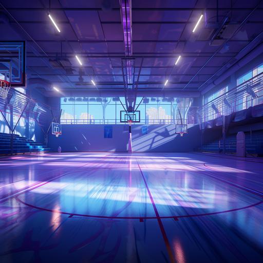a cinematic realistic basketball court with cool tones. Blues and purple with a purple basketball. There are silver bleachers on the side of the court and high ceilings with light pouring through.