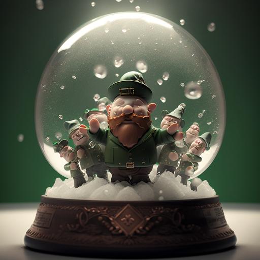 a cinematic shot of a snowglobe full of lucky shamrocks, with a leprachaun figurine in the middle, leprachaun's face is happy, award winning wide angle