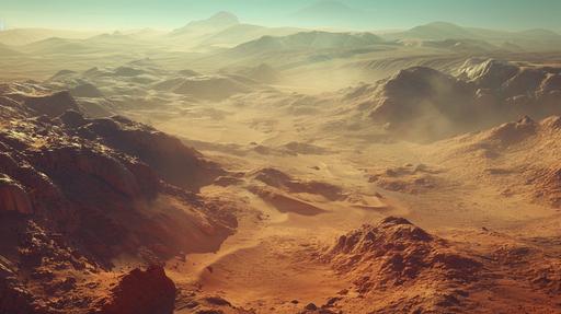 a cinematic still frame, isometric inferno Mars landscape, hills, stones, dust, desert, photorealistic, aesthetic and key visual of documentary image from the Curiosity rover --ar 16:9 --s 150 --v 6.0