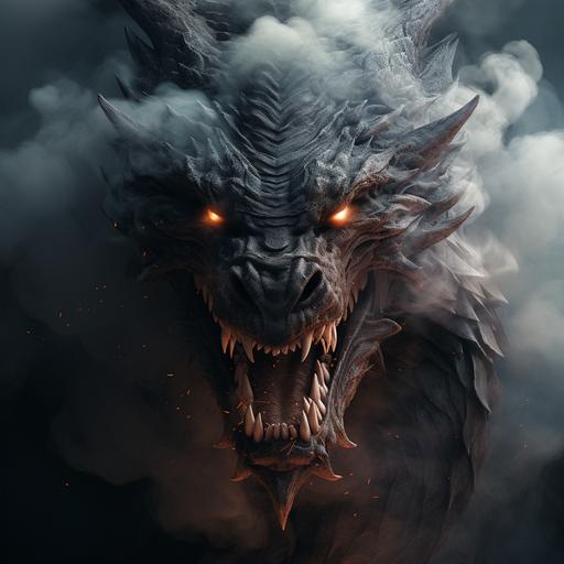 a cinematic, ultra detailed , hyper realistic scene of a scary dragon , emerging from smoke, scary eyes and mouth with fire.