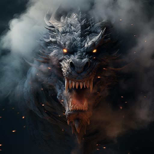 a cinematic, ultra detailed , hyper realistic scene of a scary dragon , emerging from smoke, scary eyes and mouth with fire.