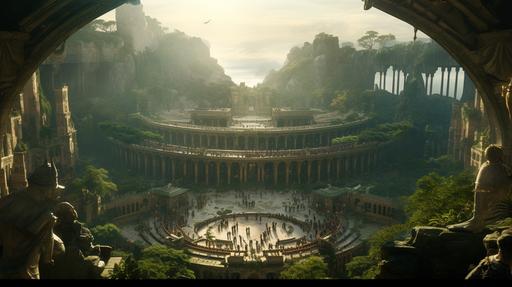 a cinematic wide shot fo a gigantic fighting arena carved into a fallen white temple ruin city, thousands of people in the crowd in this circular arena, the entire arena is in the jungle and vines and moss grow over the coliseum, cinematic, movie poster, dynamic lighting, green and colorful overtones, 9k, --aspect 16:9