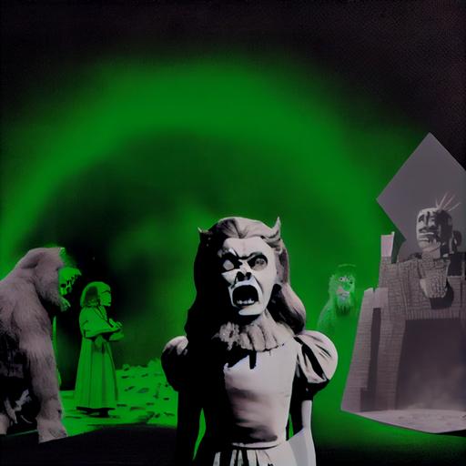 a cinimatic scene from the black and white horror movie The Wizard Of OZ, envy the dead because the living are worse, the vaporwave monkey are screaming --v 4 --s 750 --q 2 --upbeta