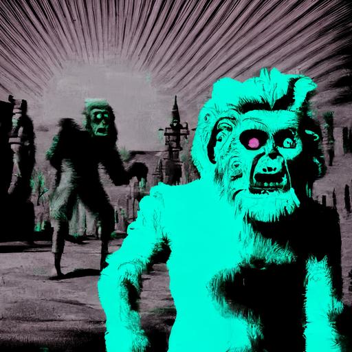 a cinimatic scene from the black and white horror movie The Wizard Of OZ, envy the dead because the living are worse, the vaporwave monkey are screaming --v 4 --s 750 --q 2 --upbeta