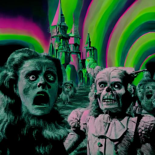 a cinimatic scene from the black and white horror movie The Wizard Of OZ, envy the dead because the living are worse, the vaporwave monkey are screaming --v 4 --s 750 --q 2 --upbeta