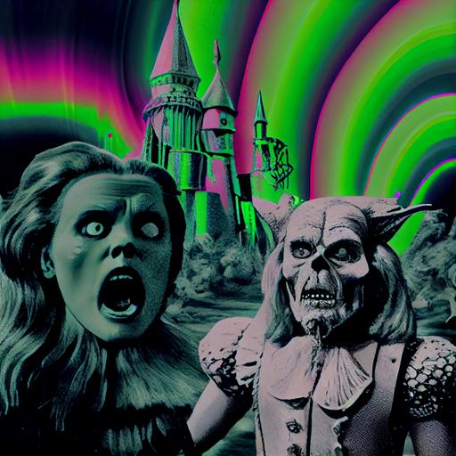 a cinimatic scene from the black and white horror movie The Wizard Of OZ, envy the dead because the living are worse, the vaporwave monkey are screaming --v 4 --s 750 --q 2 --upbeta