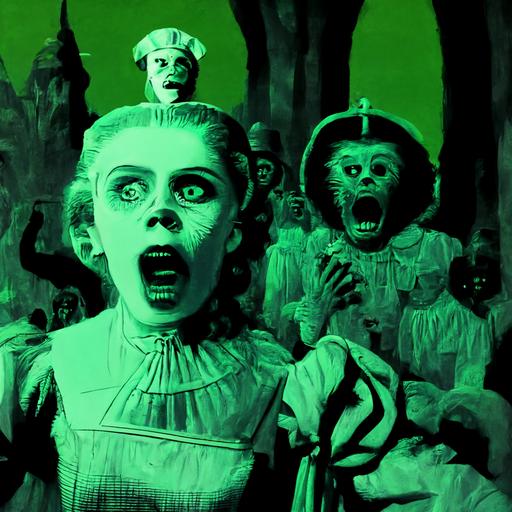 a cinimatic scene from the black and white horror movie The Wizard Of OZ, envy the dead because the living are worse, the vaporwave monkey are screaming --v 4 --s 750 --q 2 --upbeta