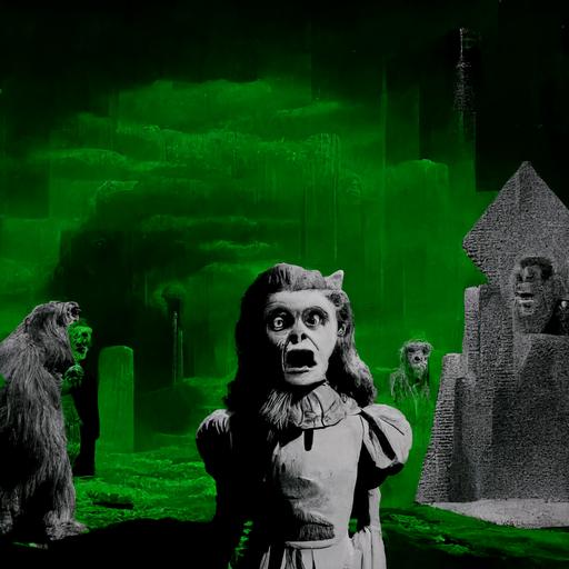 a cinimatic scene from the black and white horror movie The Wizard Of OZ, envy the dead because the living are worse, the vaporwave monkey are screaming --v 4 --s 750 --q 2 --upbeta