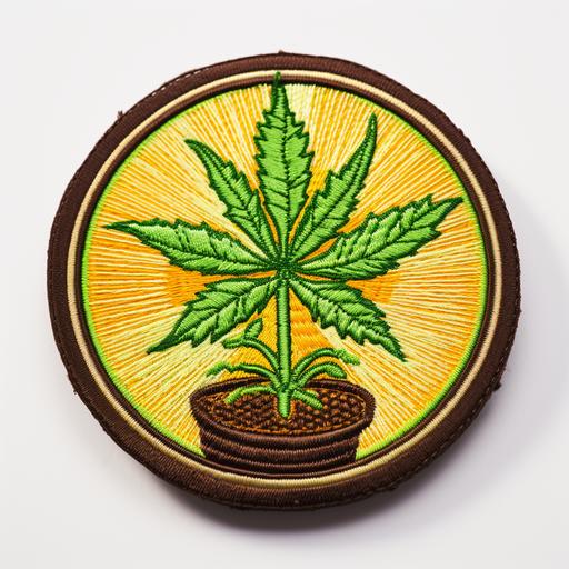 a circular embroidered merit badge depicting a cannabis seedling in a pot basking in the sun outside, green outline, 1:1, white background