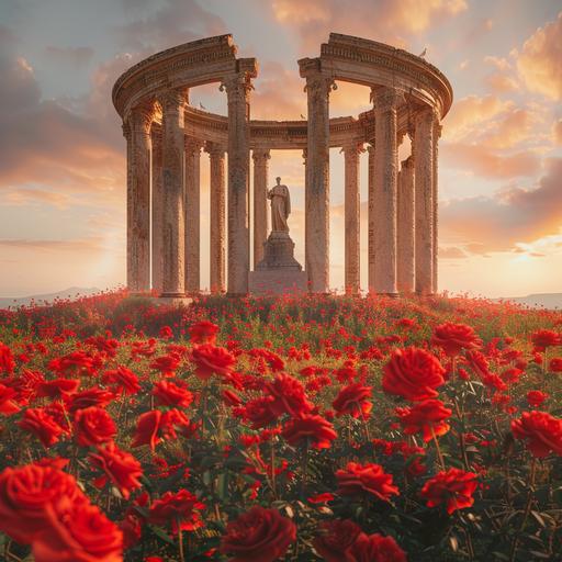 a circular roman podium with pillars, arches and a statue in the middle standing in the middle of a red rose field