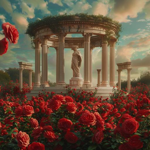a circular roman podium with pillars, arches and a statue in the middle standing in the middle of a red rose field