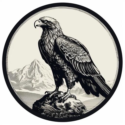 a circular stamp imprint of a eagle sitting, clipart style monocromatic black and white