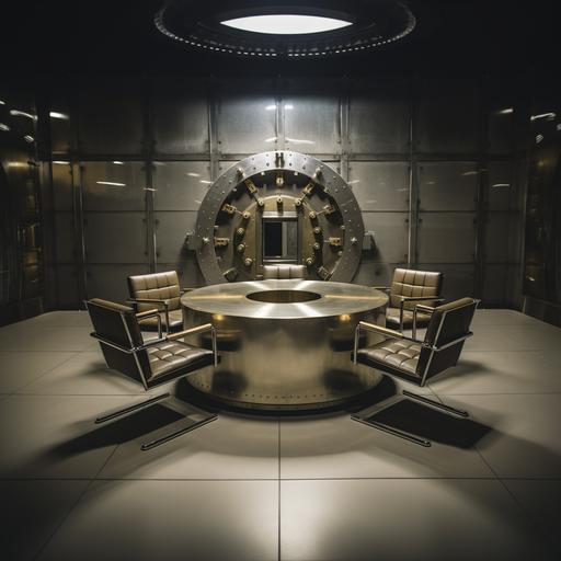 a circular table with five chairs inside a bank vault
