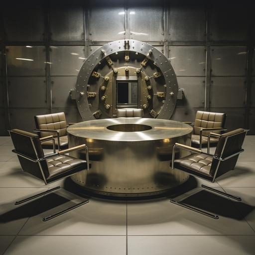 a circular table with five chairs inside a bank vault