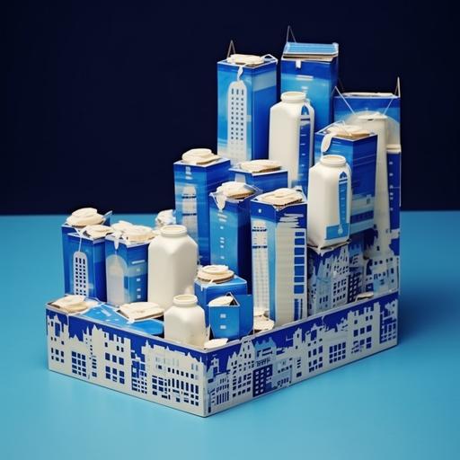 a city made by milk box, arrange the milk boxs in a table to make them look like a city, rectangular blue milk box, simple city, realistic style, --no add in detail