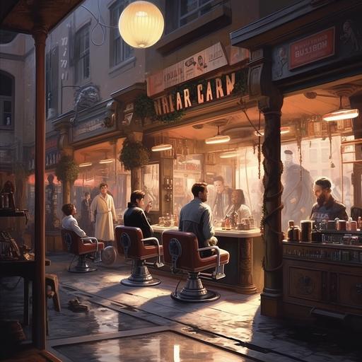a classic barber shop, with people waiting in line, set in a realistic star wars-setting, realistic