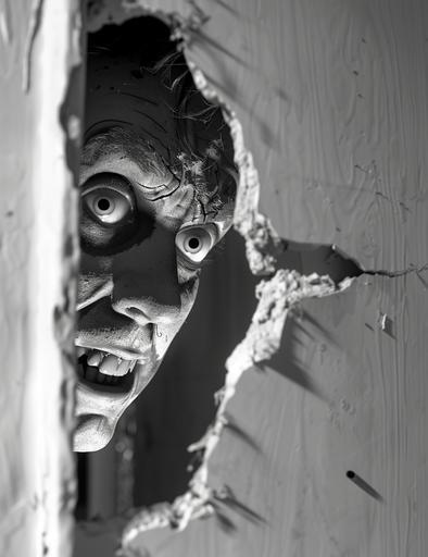 a clean light grayscale coloring book page of realistic photography, a terrifying deformed man man, hidden behind a wall spying with a small hole. super creepy sinister eyes and smile. dirt, flies, hot sweaty summer. Its always watching hidden among all. Horror. Sinister. Scary intensity, Cinematic horror in the style of robert Rodriguez. human deformities, intense crazy emotions, decomposing skin, white eyes, putrefacte, chewing broken glass --chaos 10 --ar 17:22 --v 6.0
