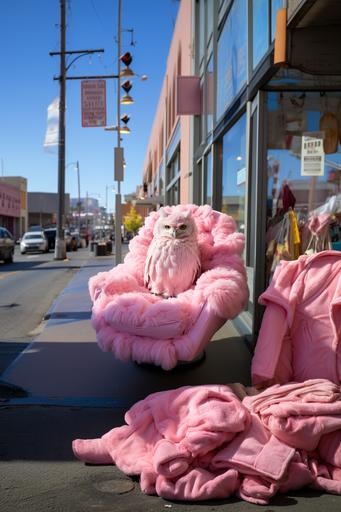 a clean pink bean bag chair in the middle of a busy street, street photography style, a white owl standing beside --c 50 --ar 2:3 --v 5.2 --s 750