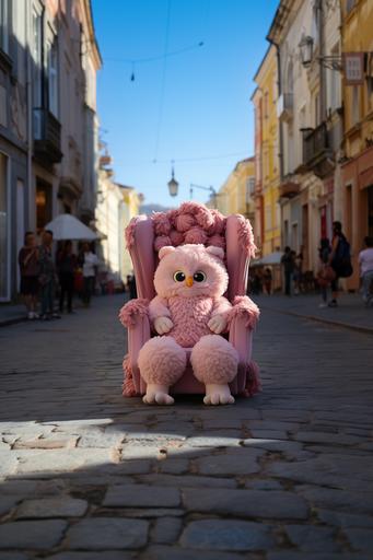 a clean pink bean bag chair in the middle of a busy street, street photography style, a white owl standing beside --c 50 --ar 2:3 --v 5.2 --s 750