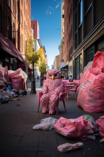 a clean pink bean bag chair in the middle of a busy street, street photography style, a white owl standing beside --c 50 --ar 2:3 --v 5.2 --s 750