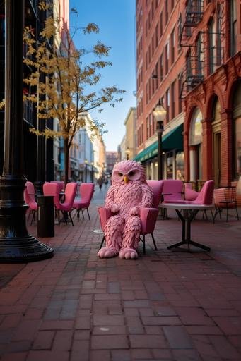 a clean pink bean bag chair in the middle of a busy street, street photography style, a white owl standing beside --c 50 --ar 2:3 --v 5.2 --s 750