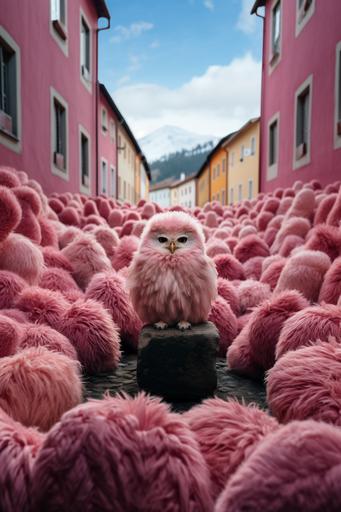 a clean pink bean bag chair in the middle of a busy street, street photography style, a white owl standing beside --c 50 --ar 2:3 --v 5.2 --s 750