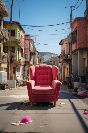 a clean pink bean bag chair in the middle of a busy street, street photography style, a white owl standing beside --c 50 --ar 2:3 --v 5.2 --s 750