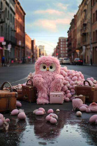 a clean pink bean bag chair in the middle of a busy street, street photography style, a white owl standing beside --c 50 --ar 2:3 --v 5.2 --s 750