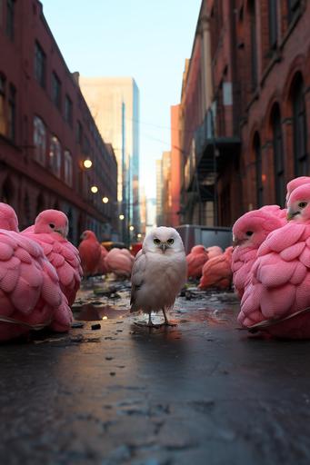 a clean pink bean bag chair in the middle of a busy street, street photography style, a white owl standing beside --c 50 --ar 2:3 --v 5.2 --s 750