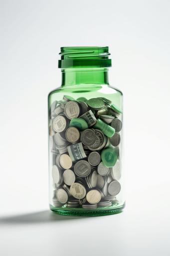 a clear glass pill bottle with a metal screwtop lid. Bottle is half full of green dollar signs. In a white background. High resolution photo --v 5.1 --ar 2:3