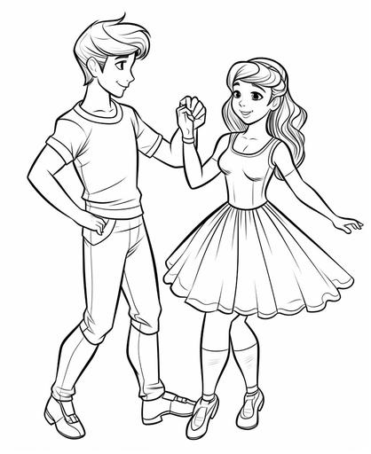 a clear ink coloring page no shading very cute ballet dancer couple cartoon style --ar 9:11