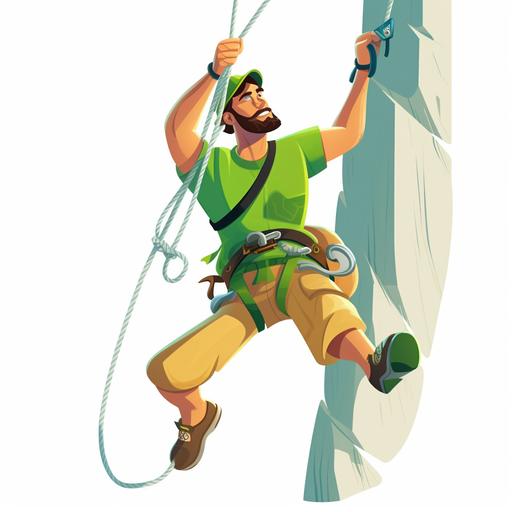 a climber in green clothes hangs on a rope and climbs, cartoon, illustrated, pixar, white background