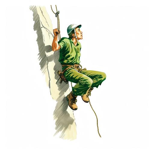 a climber in green clothes hangs on a rope and climbs, cartoon, illustrated, white background