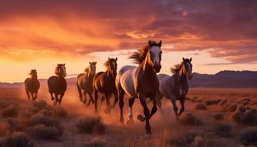 a close of photo of a group of wild horses running on a golden plain in Wyoming. The sky is at sunset with shades of purples, pink, oranges and blues. - Realistic Landscape Photography - v6 --ar 7:4