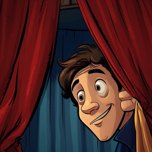a close up cartoon image of a performer on stage behind a curtain pulling the curtain to the side to peek out at the audience