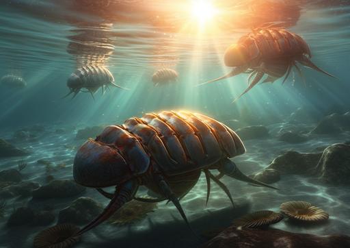 a close up illustration by Aaron J Riley and Bob Kehl and Stanley Artgerm Lau of Trilobites under the shallow water of the edge of a lake in a prehistoric world where early small teradactyl fly high in the sky, the sunsets in a prehistoric environment, Volumetric lighting --ar 14:10 --s 300 --v 5
