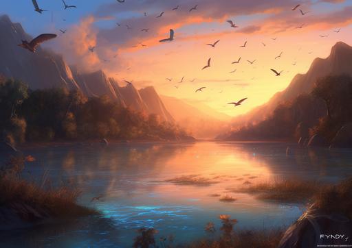 a close up illustration by Aaron J Riley and Bob Kehl and Stanley Artgerm Lau of tiny flying insects at the edge of a lake in a prehistoric world where early small teradactyl fly high in the sky, the sunsets in a prehistoric environment, Volumetric lighting --ar 14:10 --s 300 --v 5