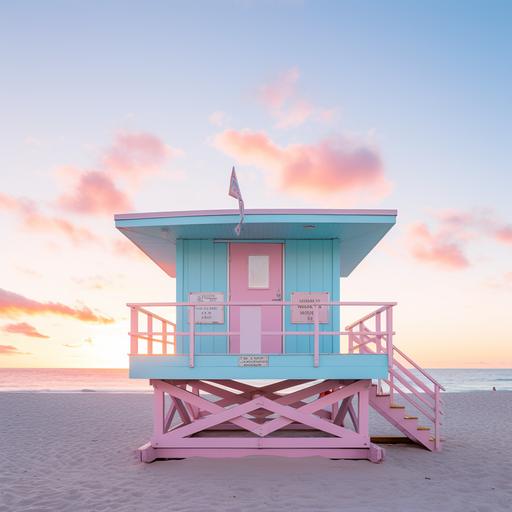 a close up image of a light blue and pink lifeguard house from miami beach with sunrise background in a miami retro style with no texts inside the beach rules