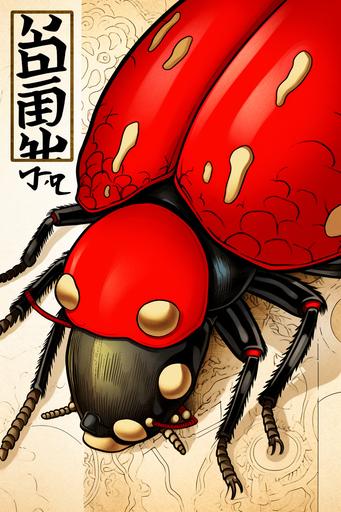 a close up of a beetle on a red background, an album cover, by Yuko Shimizu, ukiyo-e, japanese mascot, in style of beetle movie, illustration, red-eyes, no type, shodan, bauhaus, slytra, ukiyoe style, album cover --ar 2:3 --s 101 --v 5.2 --style 1pILn2djIMPg