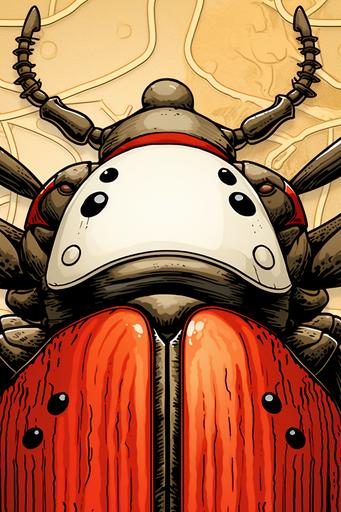 a close up of a beetle on a red background, an album cover, by Yuko Shimizu, ukiyo-e, japanese mascot, in style of beetle movie, illustration, red-eyes, no type, shodan, bauhaus, slytra, ukiyoe style, album cover --ar 2:3 --s 101 --v 5.2 --style 1pILn2djIMPg