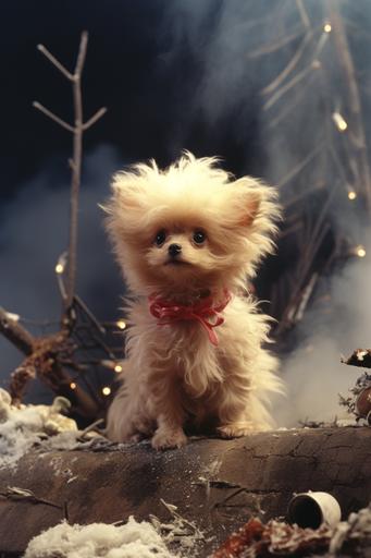 a close up of a stuffed animal near a christmas tree, an album cover, by Peter Alexander Hay, smoke and mirrors, on fire, arson, kitsch movement, beautiful dog head, wig, 1973 photo from life magazine, adorable appearance, as a claymation character, bella, sad, sweet, hair, cutest, bunny --ar 2:3 --stylize 200 --v 5.2