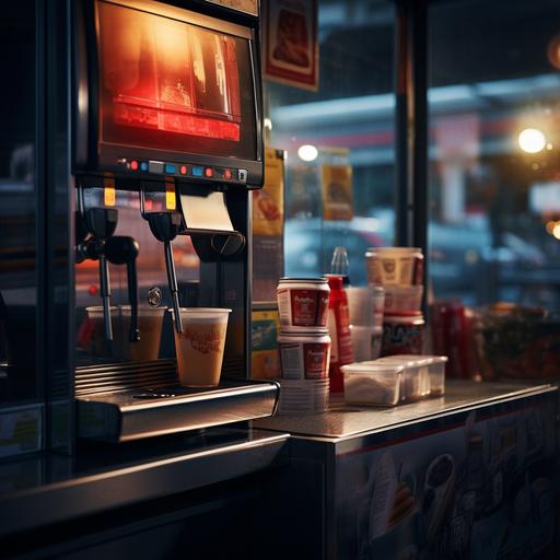 a close up of a vending coffee machine in a fuel station, coffee dropping into the takeaway cup, steam, well lit, hyper-realistic, canon R5, f2.8,