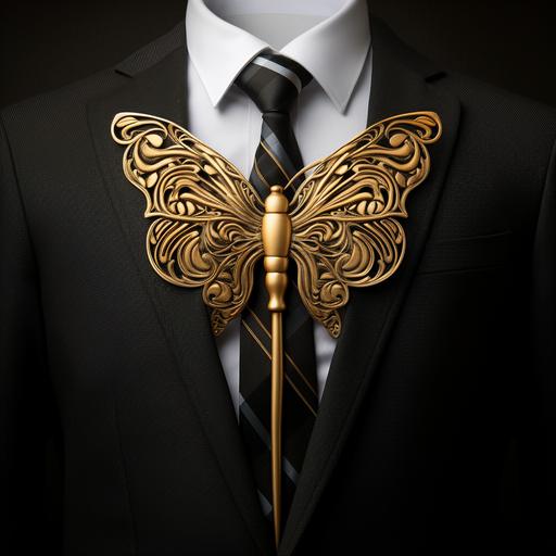 a close up of a very elegant suit butterfly tie, fancy tie, realsitic style, realistic digitla art, gold --v 5.2
