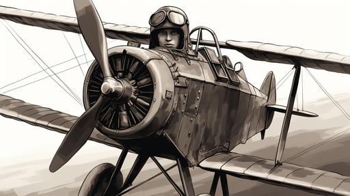 a close up on a young pilot sitting in the seat of a WW1 sopwith pup, goggles and helmet, minimal sketch style storyboard darwing, 8k, --ar 16:9