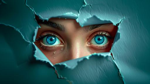 a close-up photoshoot of a pair of vivid blue human eyes looking through a torn opening in a sheet of paper or metal. The material around the eyes is rendered with realistic tears and curls, suggesting a forceful revelation or peering into a previously concealed space. Canon EOS 5D Mark IV with Canon EF 24-70mm f/2.8L II USM lens, accent lighting, wide shot --ar 16:9 --s 750 --v 6.0