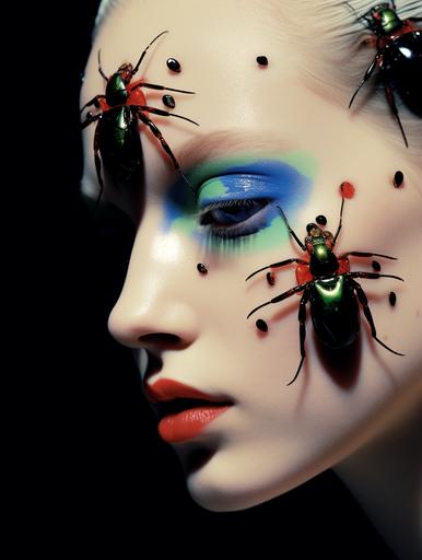 a close up shot of a female caucasian model with colorful iridescent beetles on her face and hair, studio environment, black background, photographed by paolo roversi, kodak porta 800 film --ar 3:4 --style raw
